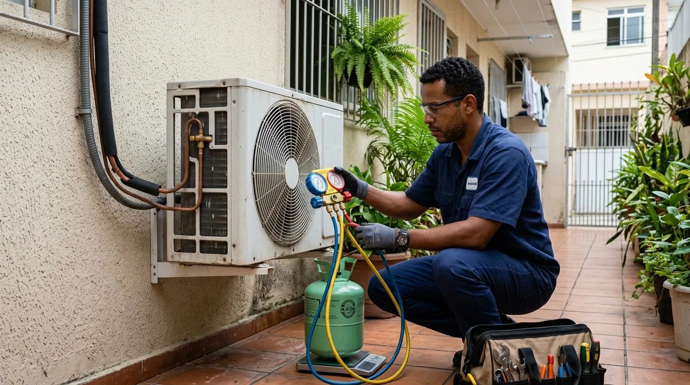 Técnico fazendo carga de gás na condensadora do ar-condicionado em Betim‑MG