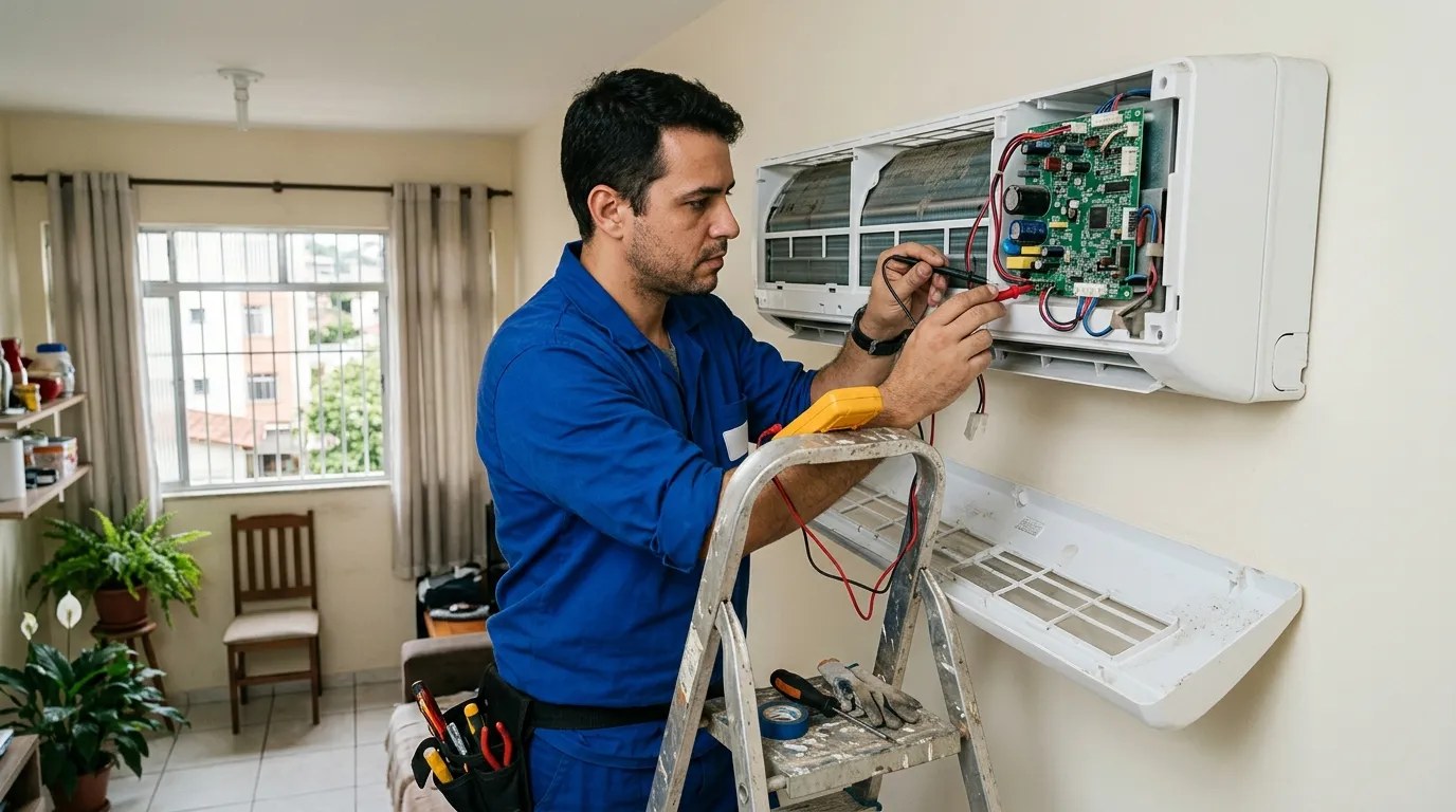 Técnico trocando a placa eletrônica de ar-condicionado split em Betim‑MG