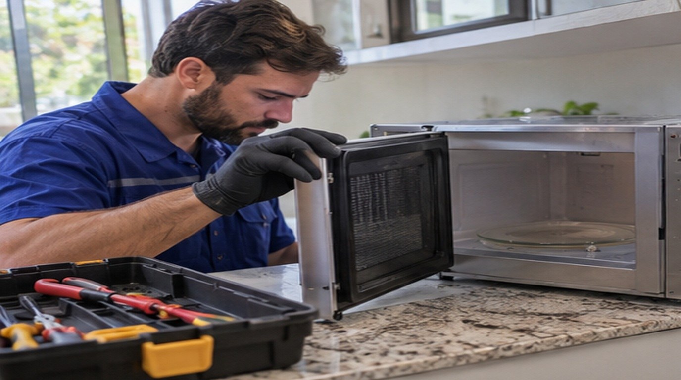 Conserto de micro-ondas em Betim‑MG: técnico abrindo um micro-ondas de bancada