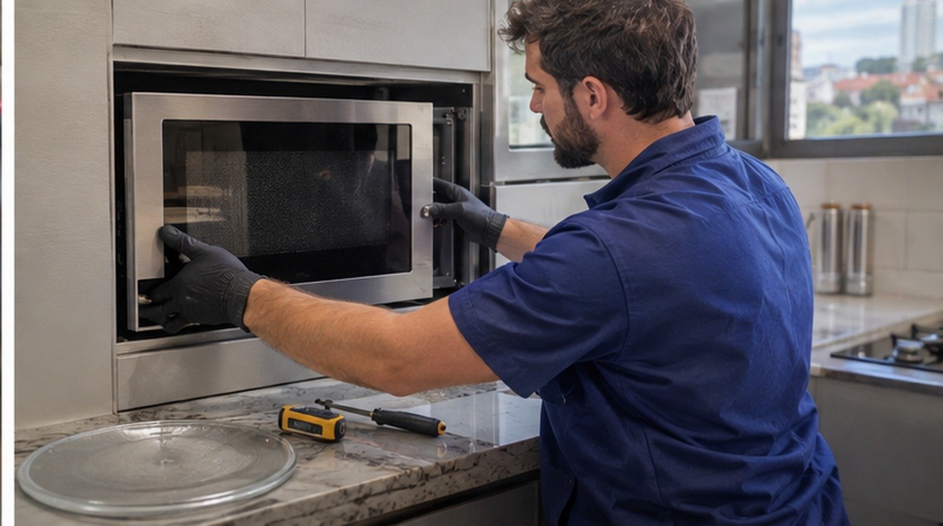 Conserto de micro-ondas de embutir em Betim‑MG: técnico encaixando o aparelho no armário