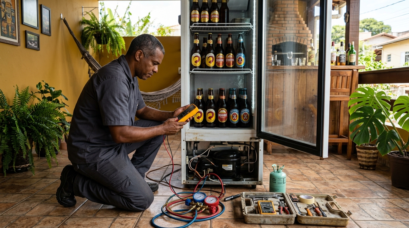 Placa eletrônica de cervejeira em reparo na bancada no Amarante, Betim‑MG