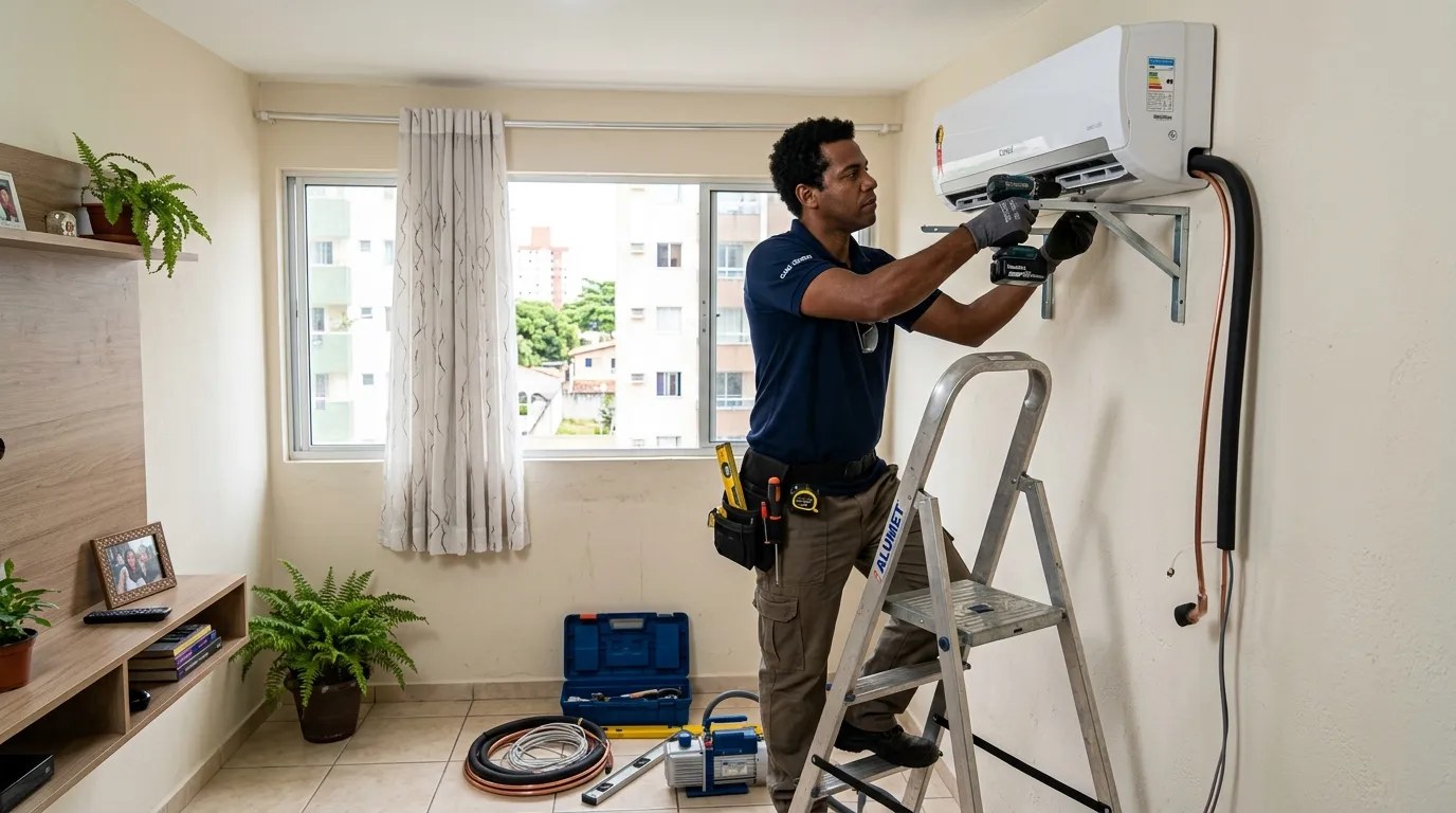 Técnico instalando ar-condicionado split em residência em Betim‑MG