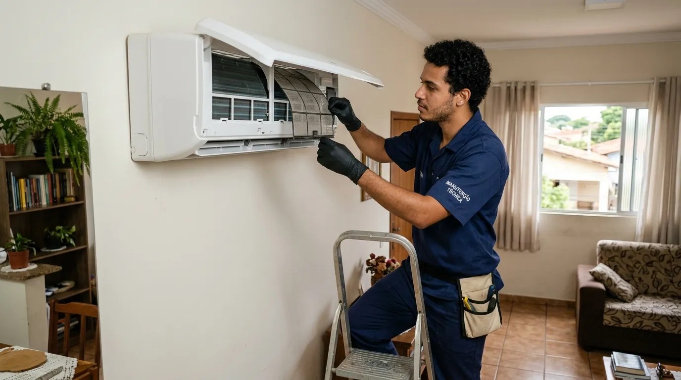 Técnico fazendo limpeza e higienização de ar-condicionado split em Betim‑MG