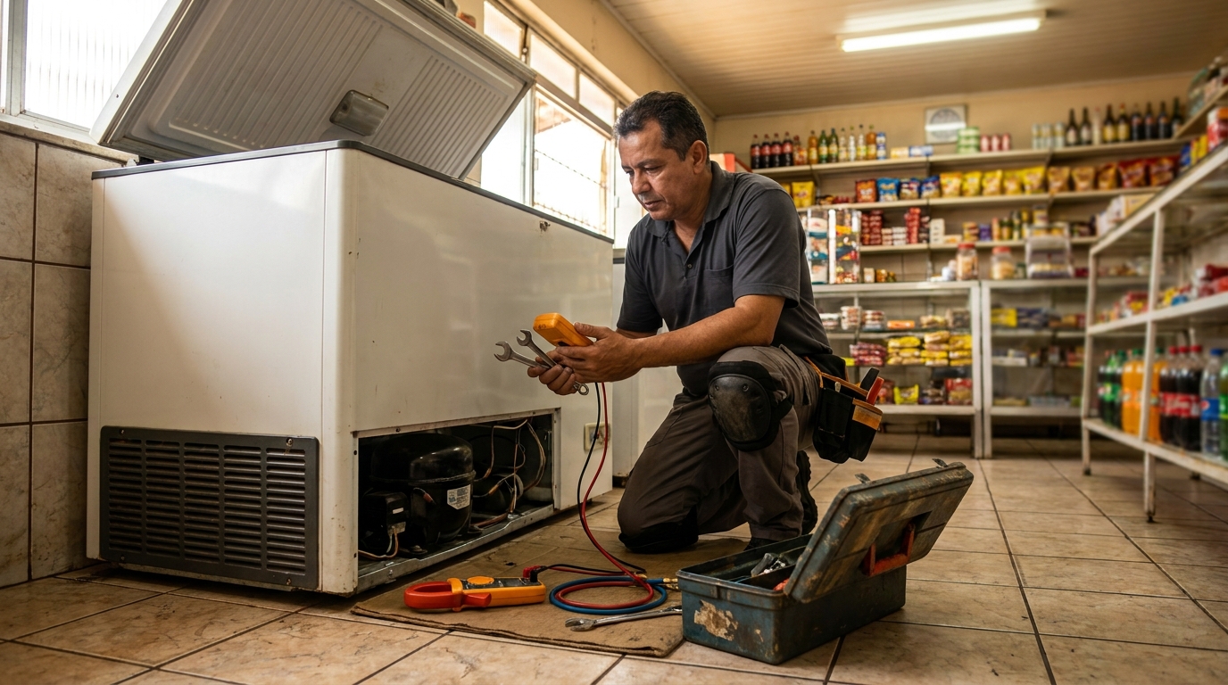 Técnico reparando o motor de um freezer horizontal em Betim‑MG
