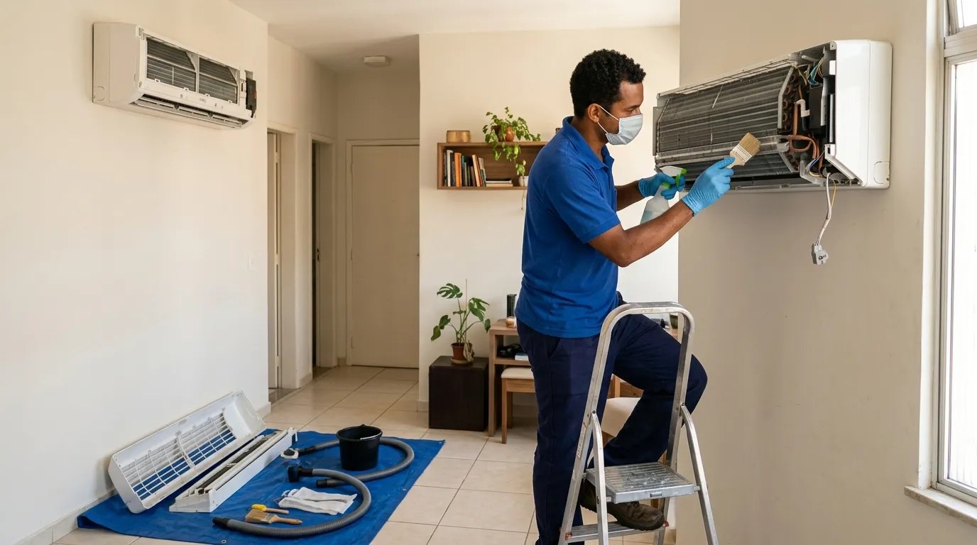 Técnico fazendo manutenção de ar-condicionado split em Betim‑MG