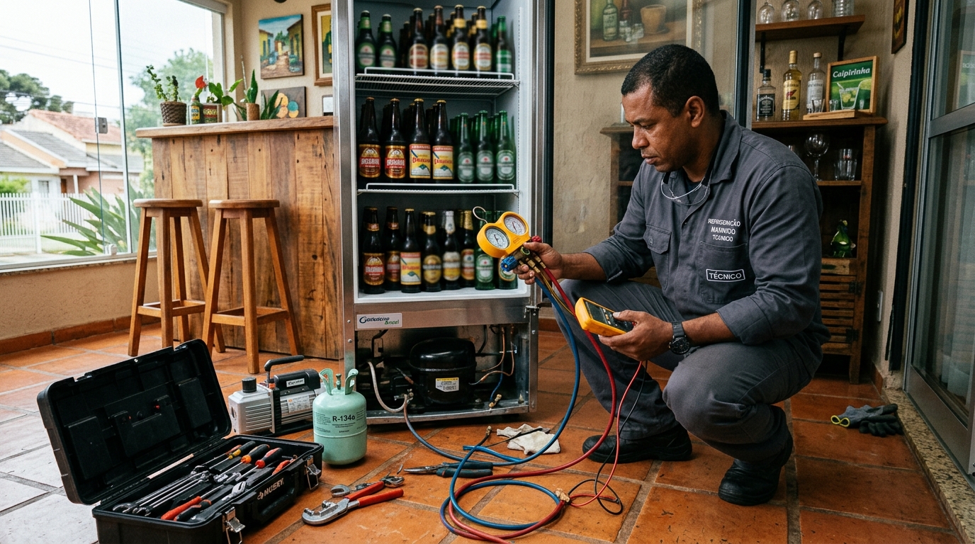 Técnico conferindo a temperatura de uma cervejeira durante atendimento no Amarante, Betim‑MG